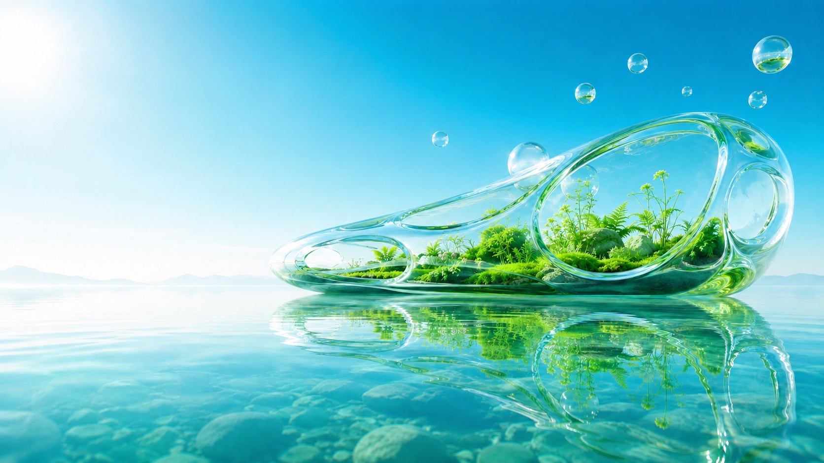 Clear glass habitat filled with green plants above turquoise water