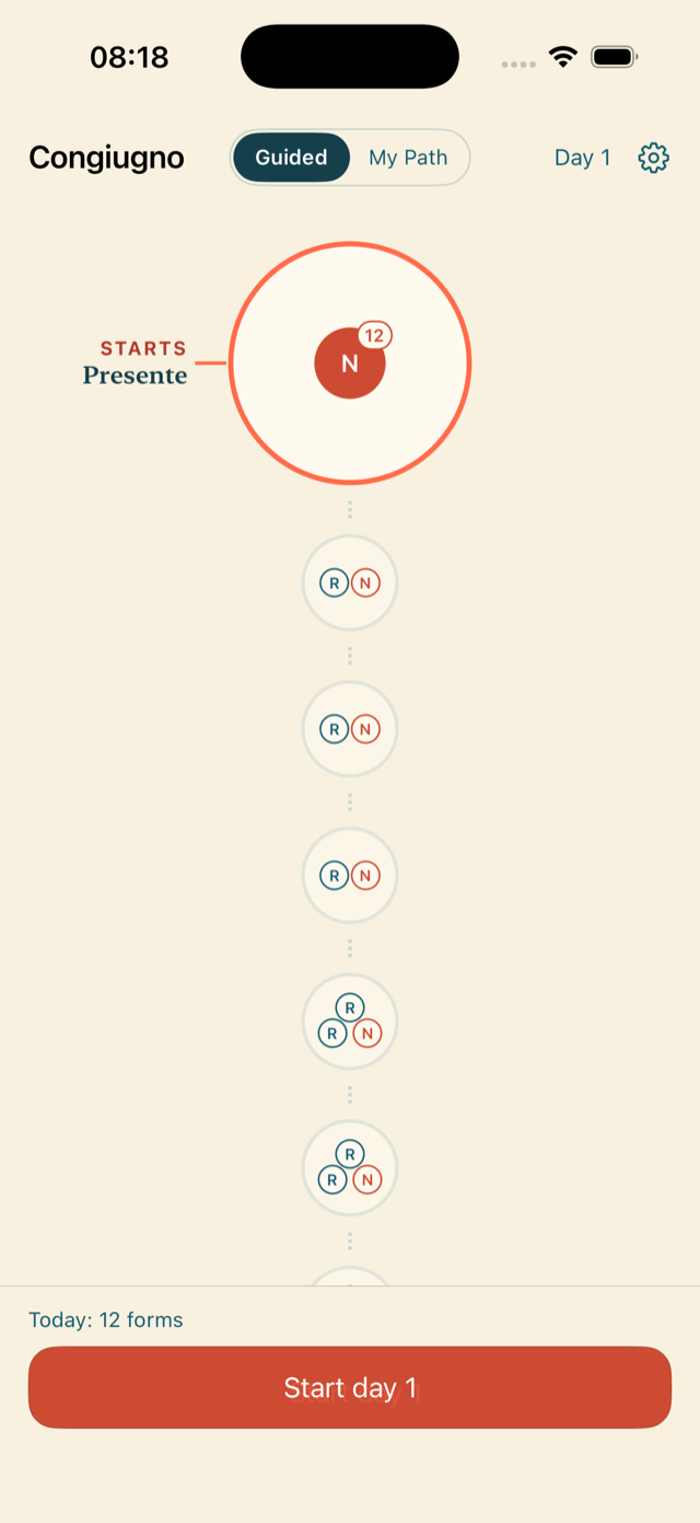 Congiugno’s guided Italian verb-learning roadmap on iPhone